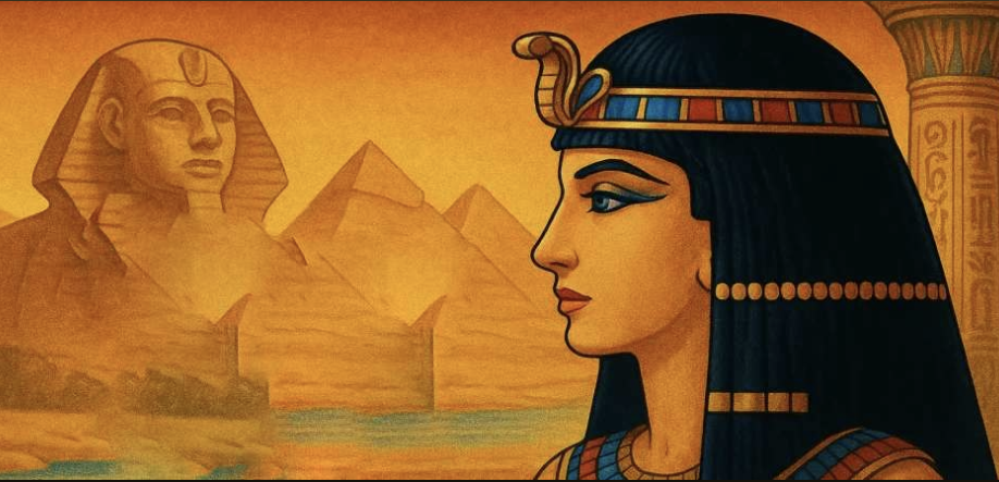 Egyptian queen, pyramids, sphinx and Nile artwork